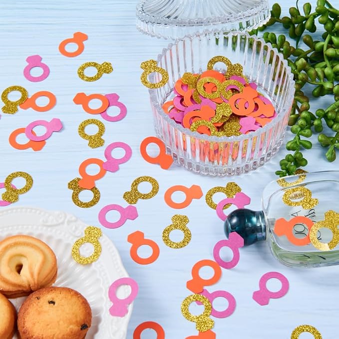 Hot Pink Orange and Gold Diamond Ring Confetti Table Decoration for Wedding Birthday Bachelor Bachelorette Groovy Party, 1.2 inch in Diameter, 200 Counts