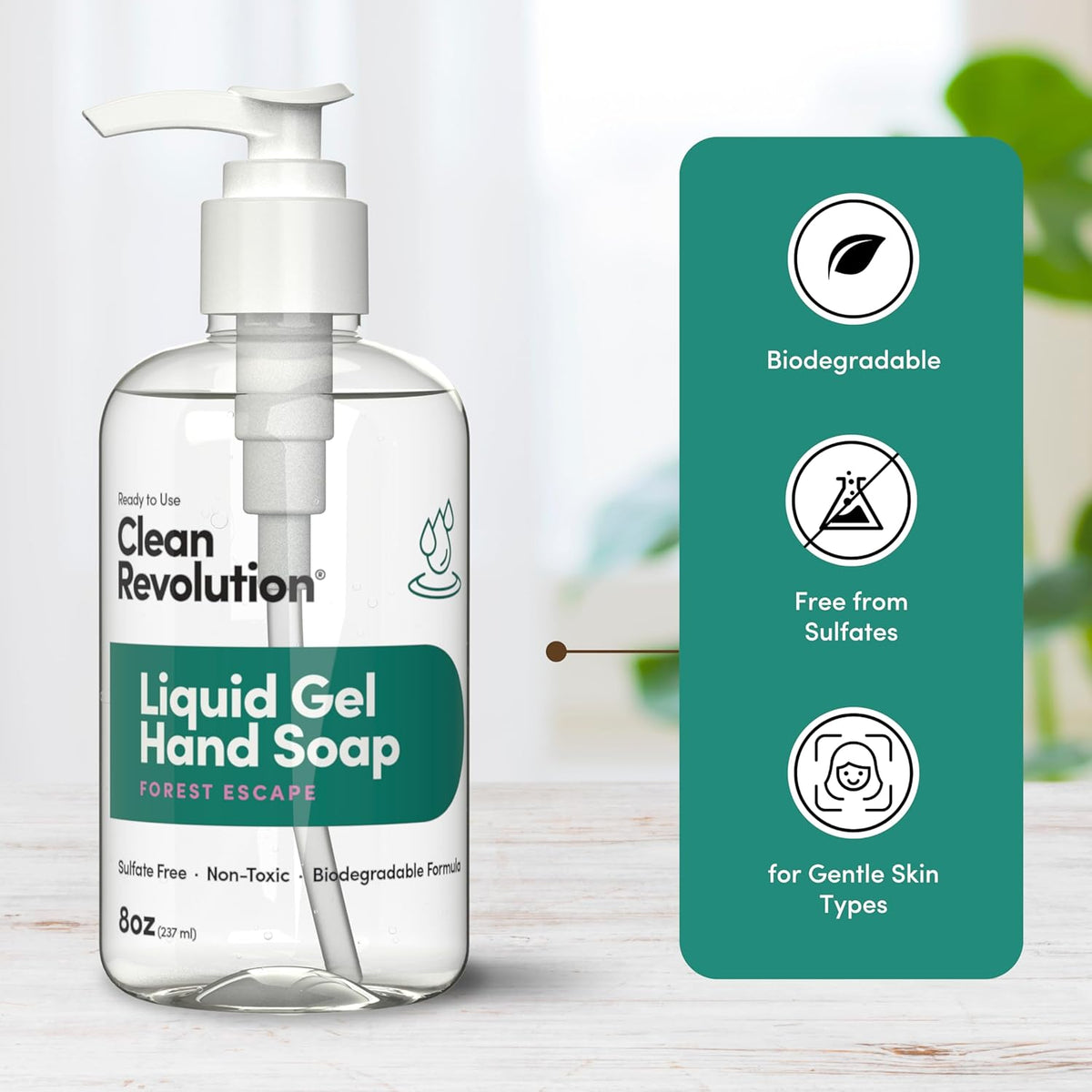Clean Revolution Liquid Gel Hand Soap, Silky Rich Liquid, Quick Lather, Fast Rinsing, Contains Real Essential Oils (Forest Escape) 8 Fl Oz
