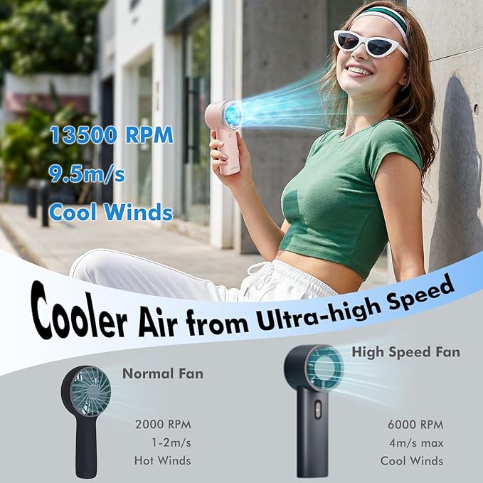 WHATOOK Portable Handheld Turbo Fan, 5 Speeds Mini Personal Fan with 4000mAh Rechargeable Battery, Small Pocket Fan for Travel Essentials, Beach, Office, Gifts for Women Men - Light pink