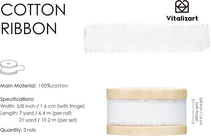 Vitalizart White Cotton Ribbon Handmade Fringe 5/8" x 21 Yd Pure Natural Cotton Ribbons for Gift Wrapping Wedding Invites Bridal Shower Bouquets Holiday Decor