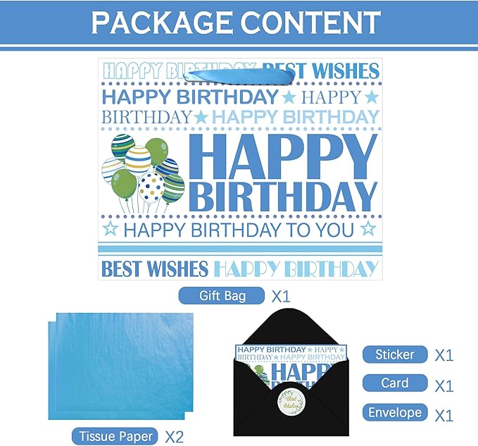 Happy Birthday Gift Bag, White Blue Birthday Bag with Tissue Paper and Greeting Card & Envelope & Sticker, Bithday Wrapping Paper for Men Women, 12.6" Medium Gift Bags Birthday Gifts for Boys Girls (StyleB)