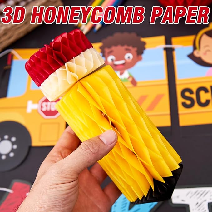 Back to School Party Decoration Set School Bus and Colorful Letters with Apple and Pencil Hanging Honeycomb Decorations