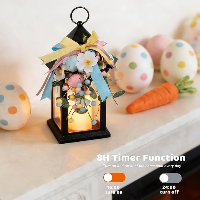 Easter Decorative Candle Lanterns, Battery Operated with Timer, 2 Pack Black Easter Egg Lanterns, 14" Waterproof Hanging Lanterns for Porch, Patio, Wedding Spring Decor