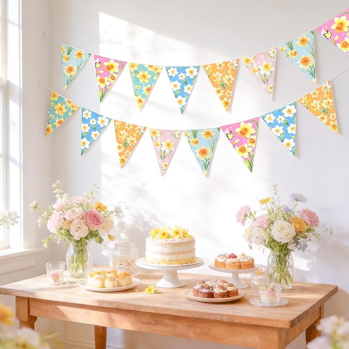 G2PLUS Floral Triangle Banner, 39Ft Pre-Strung Wildflower Paper Bunting Garland, Double Sided Pennant Banner for Tea Party, Birthday, Baby Shower, Garden, Spring Party Decorations (Yellow Narcissus)