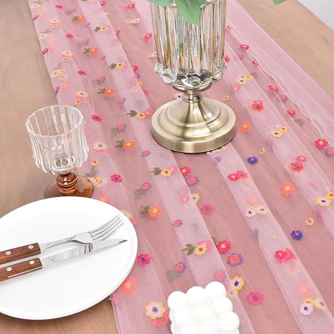 Joanlody Blushing Pink Embroidery Daisy Mother's Day Table Runner Florals Seasonal Easter Tulle Table Runner Holiday Kitchen Dining Table Decoration for Home Party Indoor