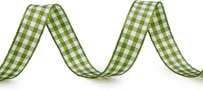 Ribbli Moss Green and White Gingham Ribbon,100% Polyester Woven Edge,3/8 Inch x 10 Yard,Plaid Ribbon Use for Gift Wrapping,Party Decoration