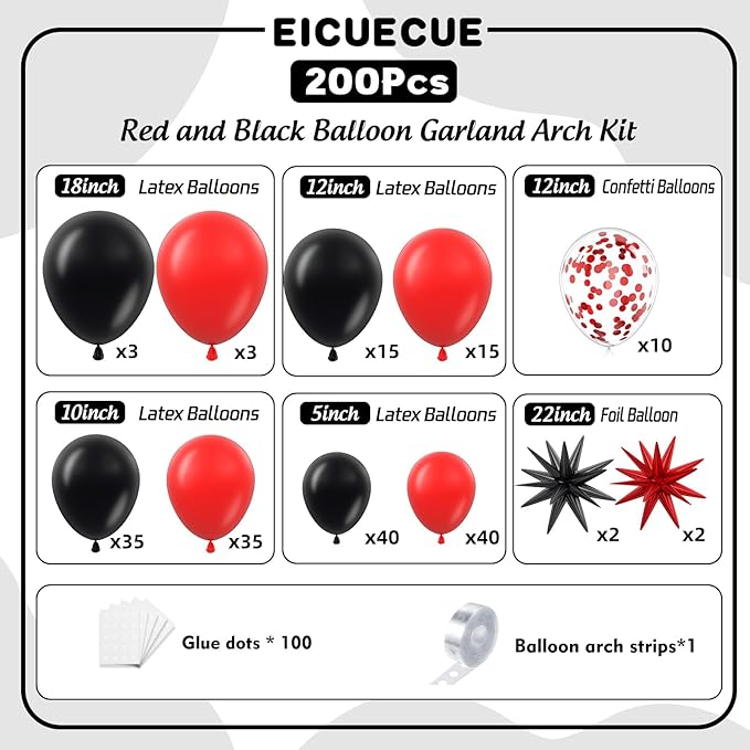 Red and Black Balloons Garland Arch Kit with Stars 200Pcs - 5 10 12 18 22inch Balloon and Confetti Balloons for 2025 Graduation Birthday Anniversary BBQ Casino New Year Prom Party Decorations