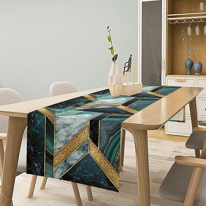 Marble Table Runner, Dark Green Gold Modern Mosaic Design Table Runner Decoration for Kitchen Family Dinner Table Holiday Party Farmhouse 13x60in