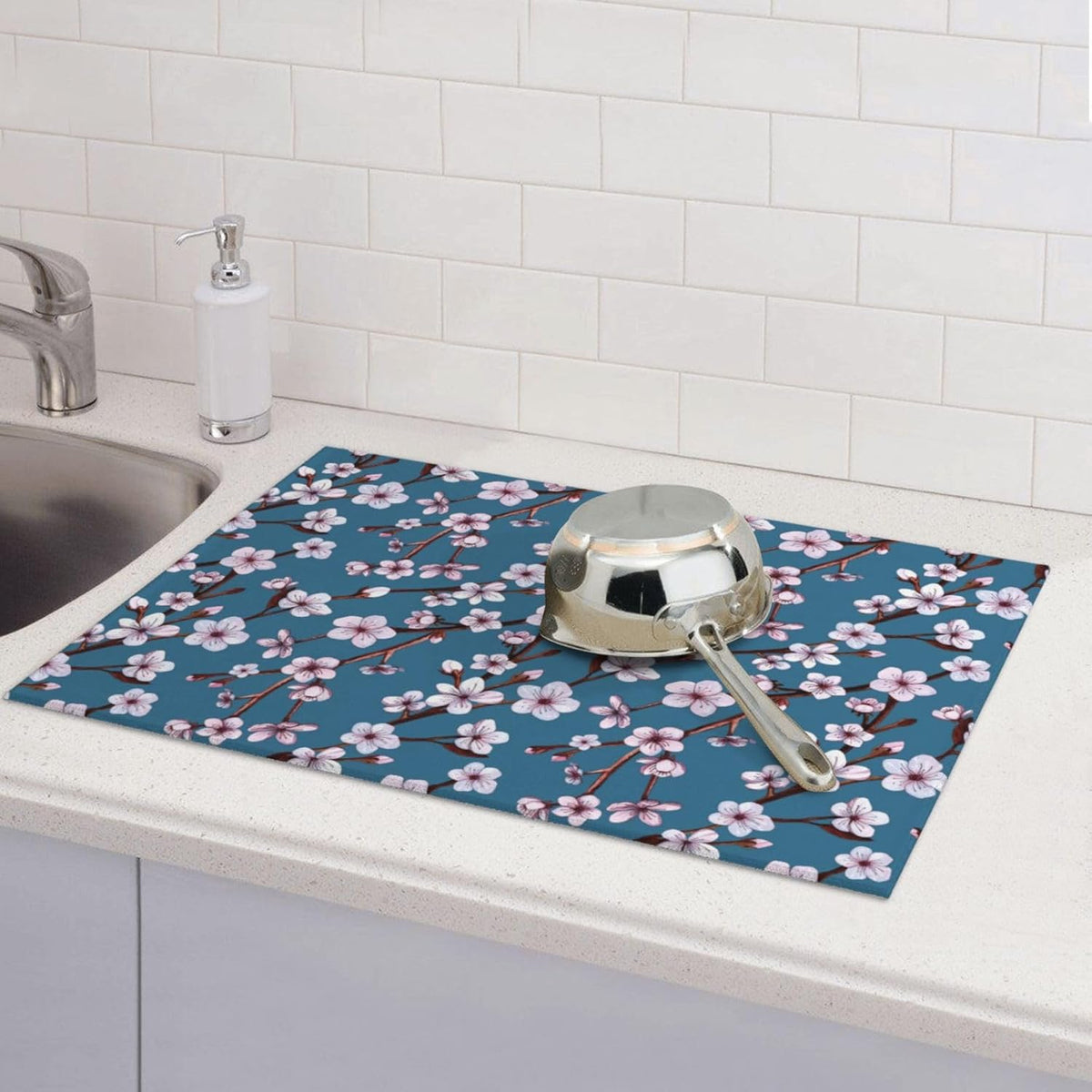 Cherry Blossom Dish Drying Mat, Branch Floral Microfiber Absorbent Drying Mats Reversible Kitchen Countertop Protector Dishes Drainer Rack Pad 18x24