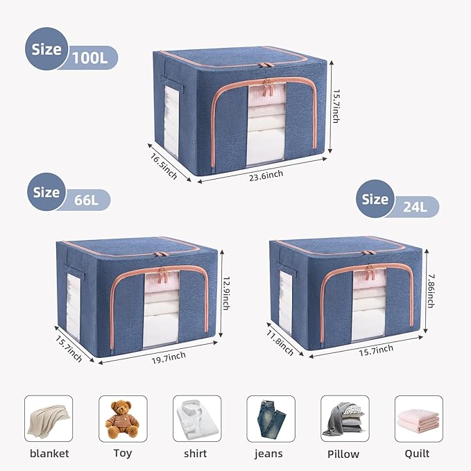 GuliPostan 3 Pack 100L Stackable Clothes Storage Bins with Metal Frame Handles & Zipper, Collapsible Closet Organizer Box with Lid for Bedding Blankets Towel (Navy)