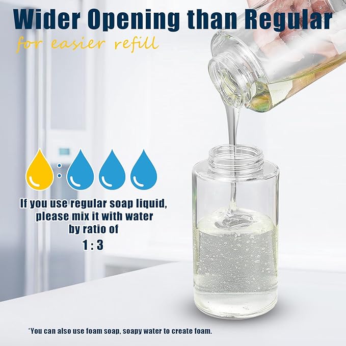 Glass Foaming Hand Soap Dispenser, 10 oz Easy Refill Glass Soap Dispenser, Foam Dispenser with Stainless Steel Pump & Waterproof Labels, Clear Foam Soap Bottle for Bathroom Countertop