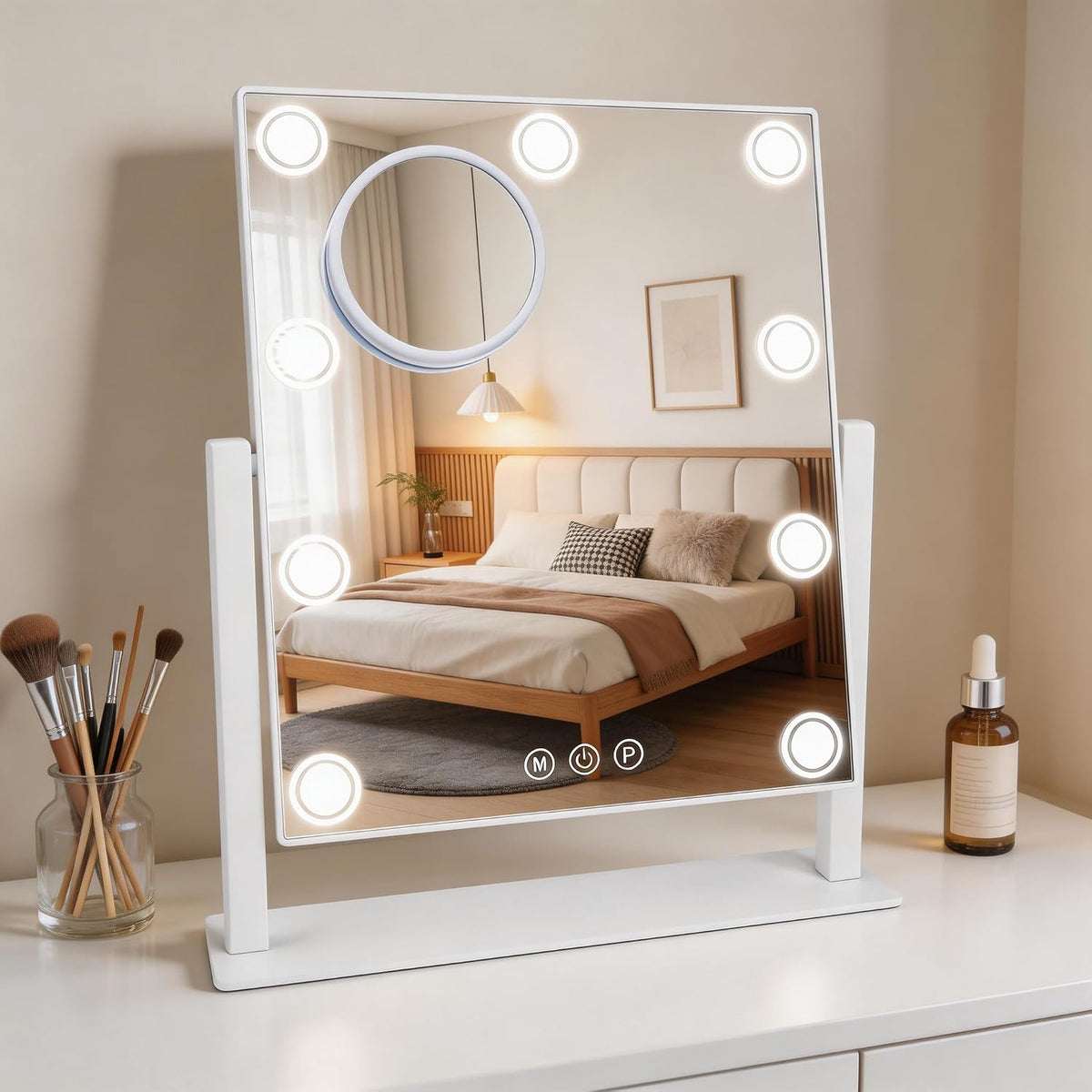 Lighted Makeup Mirror with 9 Bulbs, White 14.05" x 12"