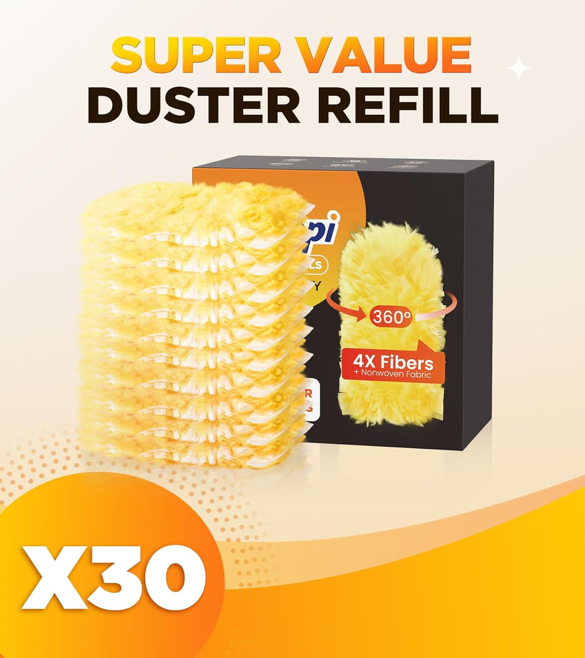 30 Count Heavy Duty Duster Refills for Swiffer, Multisurface 360° Larger Size Dusters with 4X Microfibers, Unscented Disposable Dusters for Cleaning Home, Blinds, Fans, Corners (Only Duster)