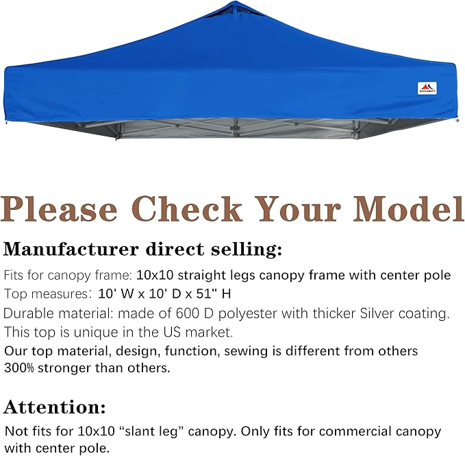 SCOCANOPY Commercial 10x10 Pop Up Canopy Replacement Cover Top with Air Vent,Canopy Cover ONLY, (Royal Blue)