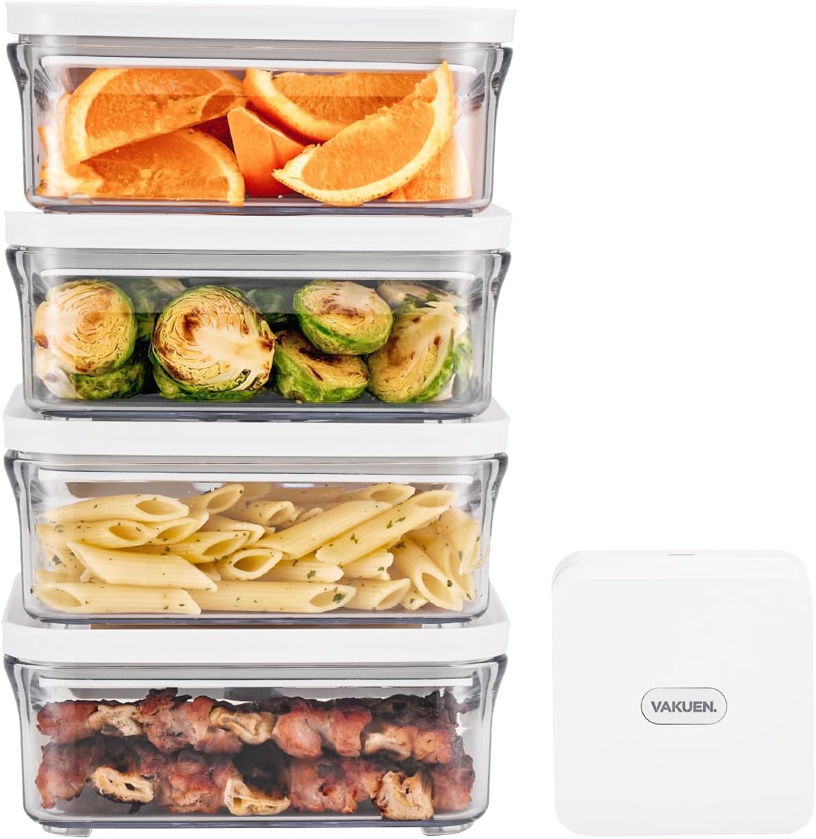Vakuen Premium Airtight Food Storage Container. Meal Prep 0.85qt 5pc/Set. 4pcs Container and Vacuum Sealer. Patented Double Silicone Lining