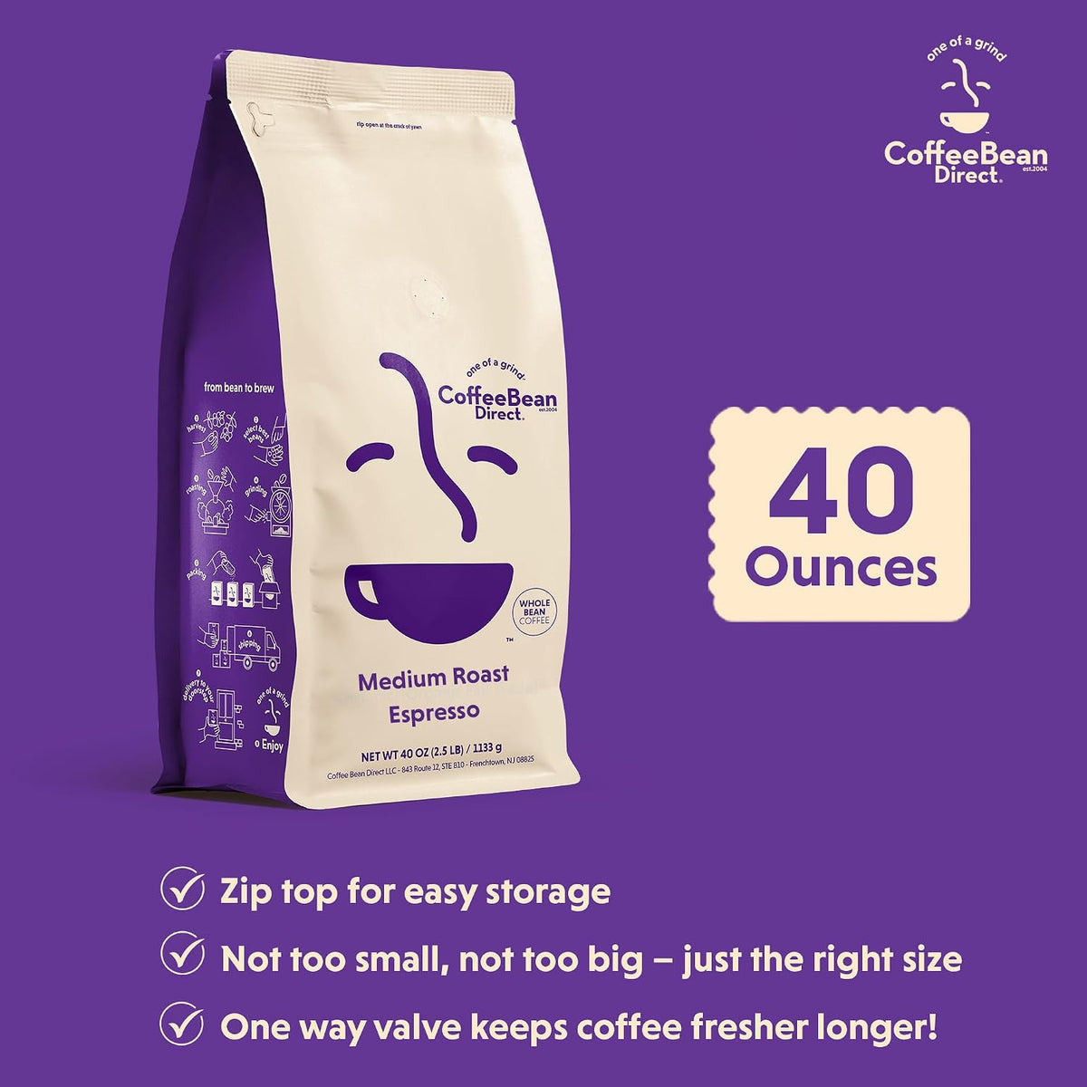 Coffee Bean Direct Medium Roast Espresso, Whole Bean, 2.5lb Bag | Medium Roast, Perfect for Drip or Espresso