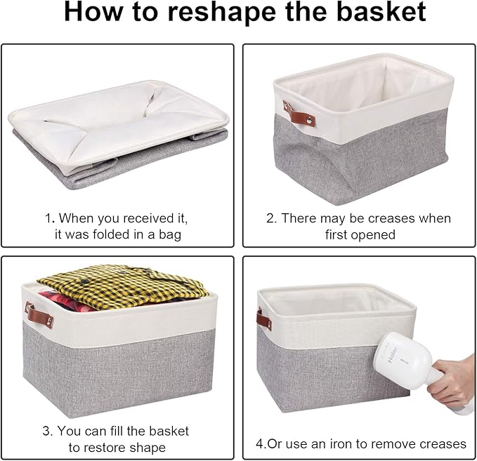 Univivi Fabric Storage Baskets Hard Bottom for Shelves,15X10.5X9.5 inch Rectangle Linen Closet Organizers,Foldable Storage Bins with PU Handles,Gray,4PC