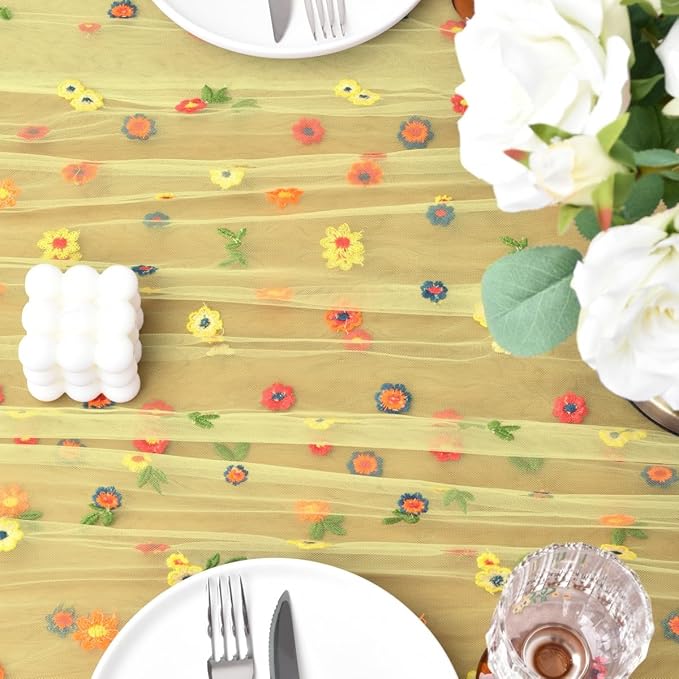 Joanlody Yellow Embroidery Daisy Spring Summer Table Runner Florals Seasonal Easter Tulle Table Runner Holiday Kitchen Dining Table Decoration Wedding Party