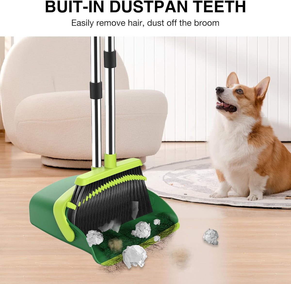 Broom and Dustpan Set, 52-in Long Adjustable Handle Broom Dustpan Combo with Dust pan Teeth to Automatically Clean Hair Suitable for Home Kitchen Office Hall Floor (Green), 4 Pack