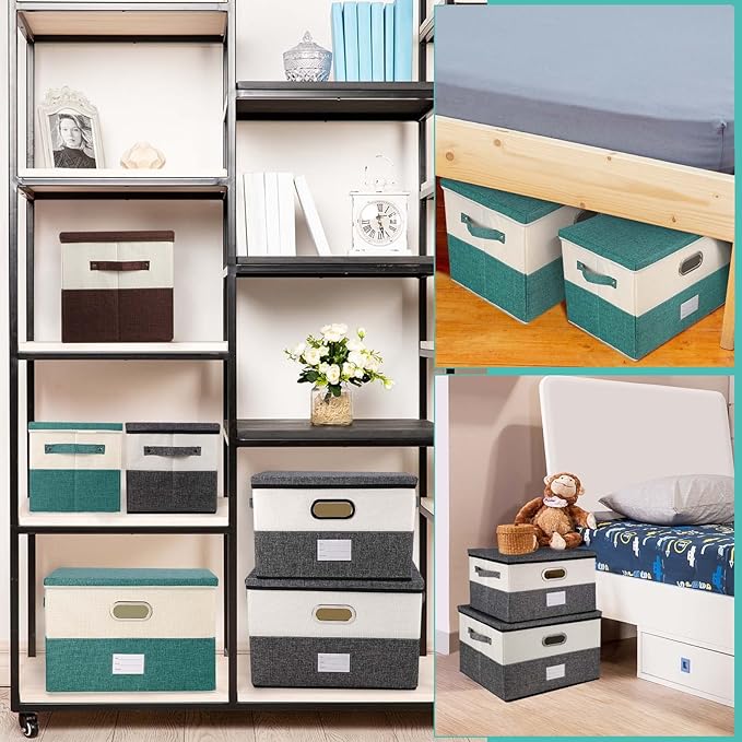 Large Linen Fabric Foldable Storage Bins with Removable Lid and Handles, Washable Storage Box Organizer Containers Baskets Cube with Cover for Bedroom,Closet,Office,Nursery(Grey&Cream, Medium)