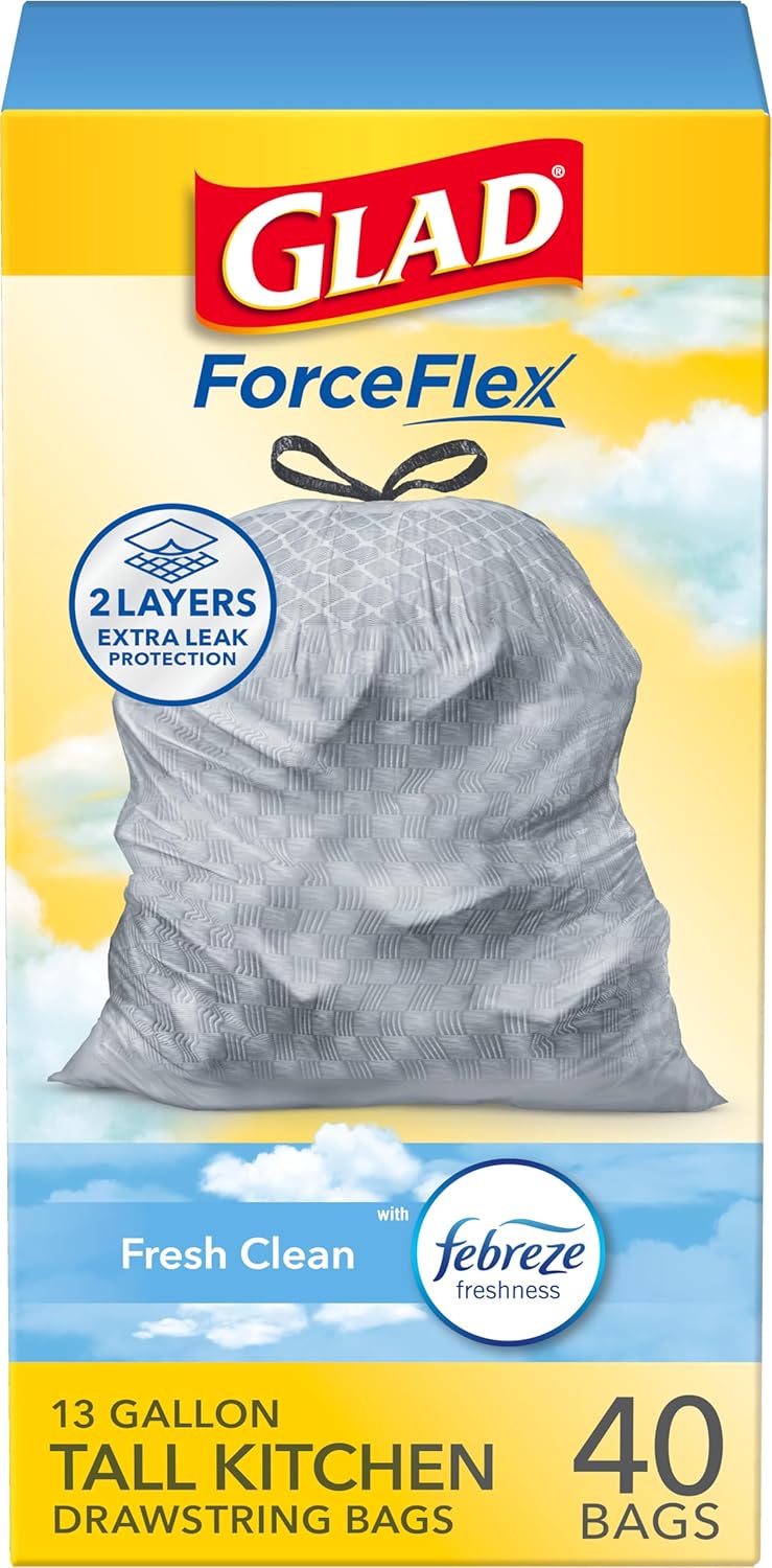 Glad ForceFlex Tall Kitchen Trash Bags, 13 Gallon, Gain Fresh Clean, 40 Count (Package May Vary)