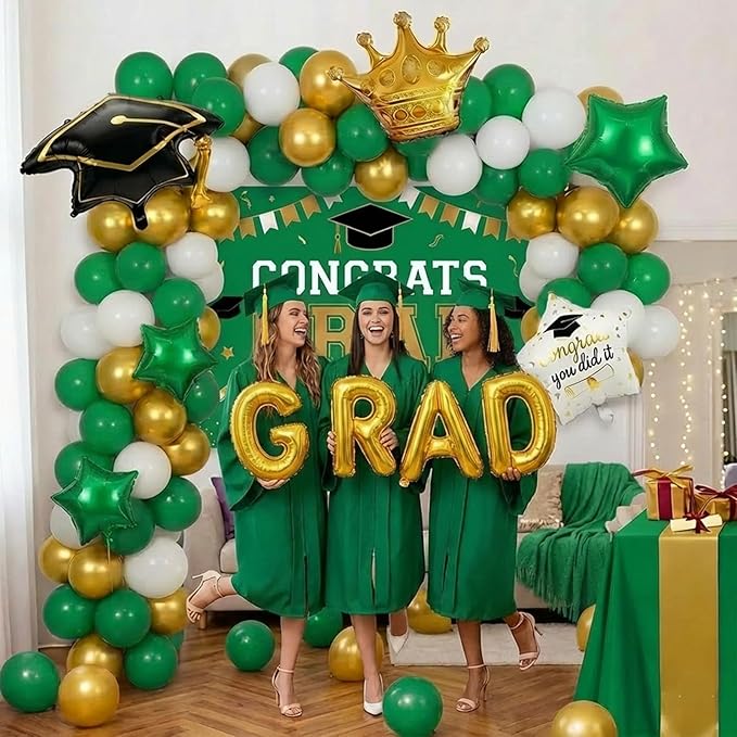 Green White Gold Balloon Garland Arch Kit with backdrop Stars Graduation Cap crown GRAD Letters Mylar Balloons for 2026 graduate Prom Decorations