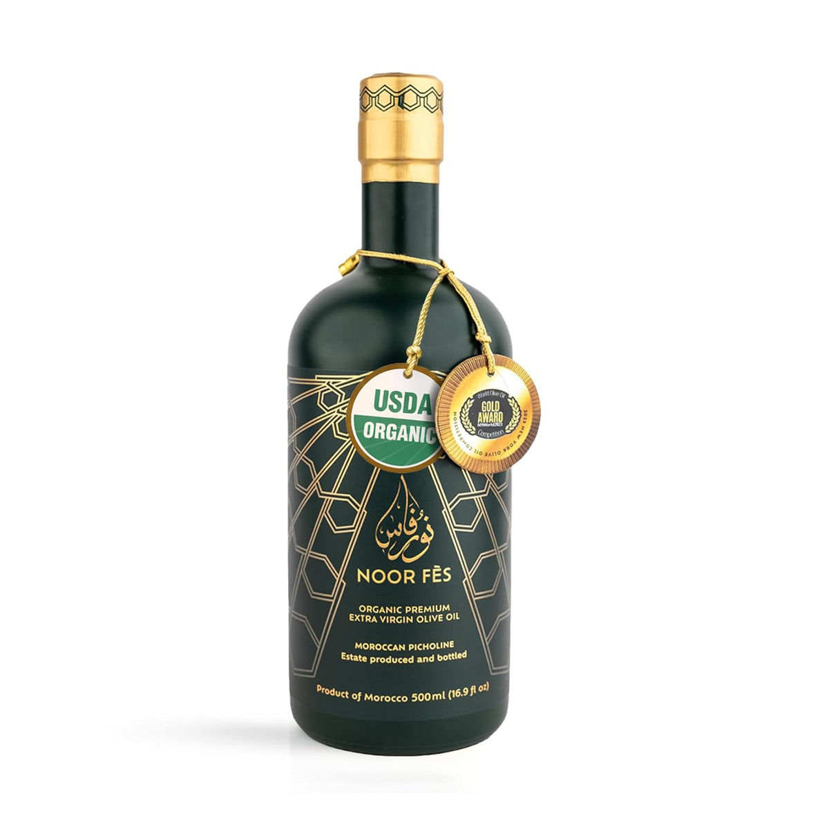 NOOR FÈS 20+ Awards EVOO | Polyphenol Rich 584 mg/kg | USDA Organic Extra Virgin Olive Oil | Moroccan Picholine | Cold Extracted Olive Oil | Great Gift for Chefs | 17 Oz.