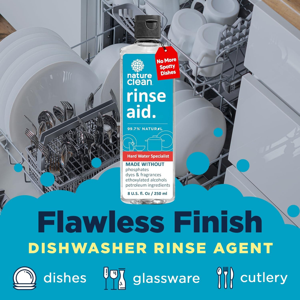 Nature Clean All Natural Dishwasher Rinse Aid Cleaner, Liquid Dishwasher Rinse Agent for Spot-Free Glass & Cutlery in Hard Water, Non Toxic Dish Washer Rinse Aid & Stain Remover, 8 oz/250ml, Pack of 6
