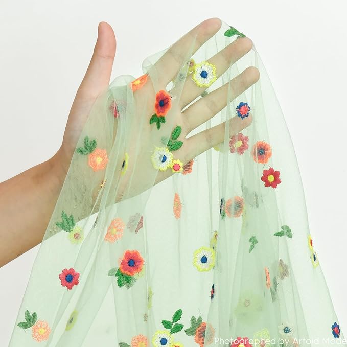 Artoid Mode 3PCS Sage Green Embroidery Daisy Gauze Table Runner 120 Inch 10FT, Seasonal Sheer Dining Holiday Wedding Birthday Table Decor for Home Party