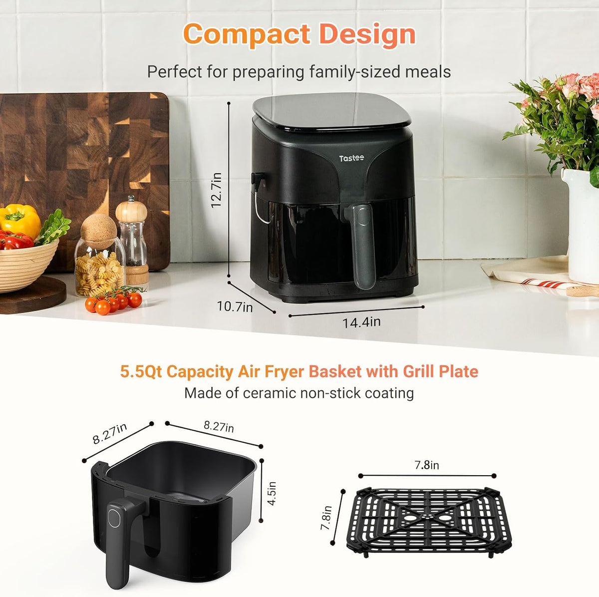 Tastee Ceramic Air Fryer, 8-in-1 Compact 5.5QT AirFryers, 450°F Digital Airfryer Dehydrator with Smart Probe, 24 Presets One-touch Cooking, In-app Recipes with Window, Dishwasher-safe & Non-stick