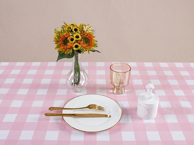 Kesfey 8 Packs Pink and White Checkered Tablecovers 54 x 108 Inches Disposable Party Picnic Table Cloth SpillProof Plastic Gingham Tablecovers for Camping Decoration Party Favors