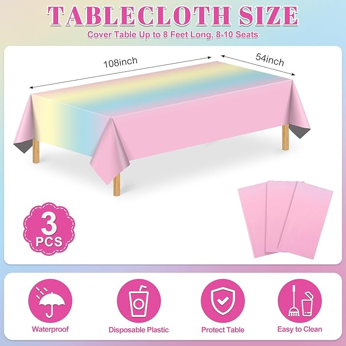 NatNarr 3 Pack Plastic Pastel Tablecloths, 54 x 108 Inch Disposable Princess Table Ｃloth Rainbow Table Cover Waterproof Rectangle Birthdays Party Tableｃloth for Girl Princess Birthday Party Supplies