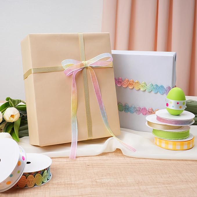 LaRibbons Easter Ribbons for Crafts, 6 Rolls Spring Decorative Ribbons,5 Yards Each, Pastel & Easter Egg Designs for Gift Wrapping, Wreaths & DIY Crafts