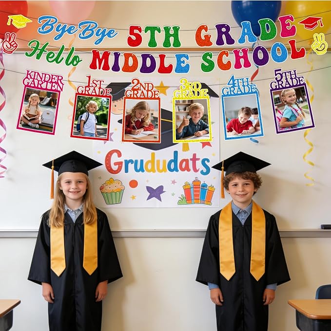 5th Grade Graduation Decorations - 3PCS Bye Bye 5th Grade Graduation Banners Photo Banner Decor, Colorful Primary Elementary School Congrats Grad Party Supplies (No-DIY)