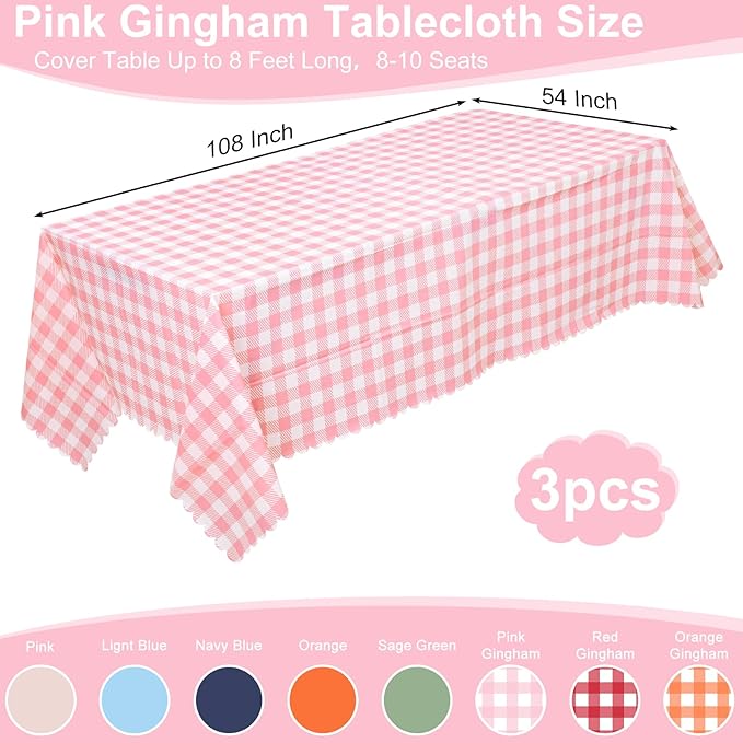 NatNarr 3 Pack Pink Gingham Tablecloths, 54 X 108Inch Scalloped Pink and White Checkered Table Cloth, Disposable Party Table Covers for Wedding Picnic Birthday Baby Bridal Shower Anniversay