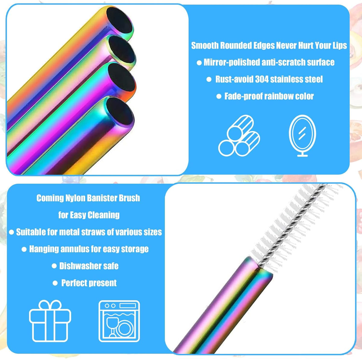 60 Pcs Color Reusable Metal Straws, Stainless Steel Drinking Straws with 60 Silicone Tip, 6 Travel Case and 12 Cleaning Brush