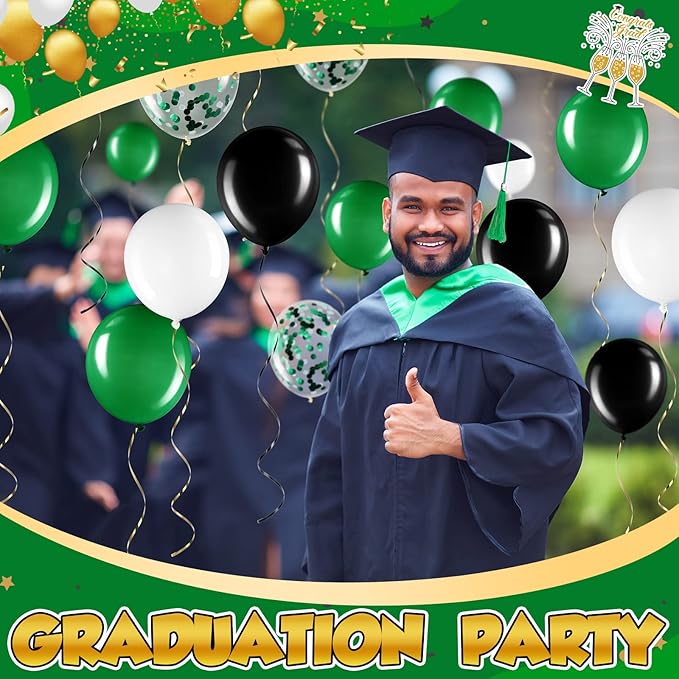 Sratte 60 Pcs 12 Inch Black Green White Balloons Kit Graduation Decorations Confetti Latex Metallic Balloons with 2 Rolls Ribbon Party Favor for Memorial Day Birthdays
