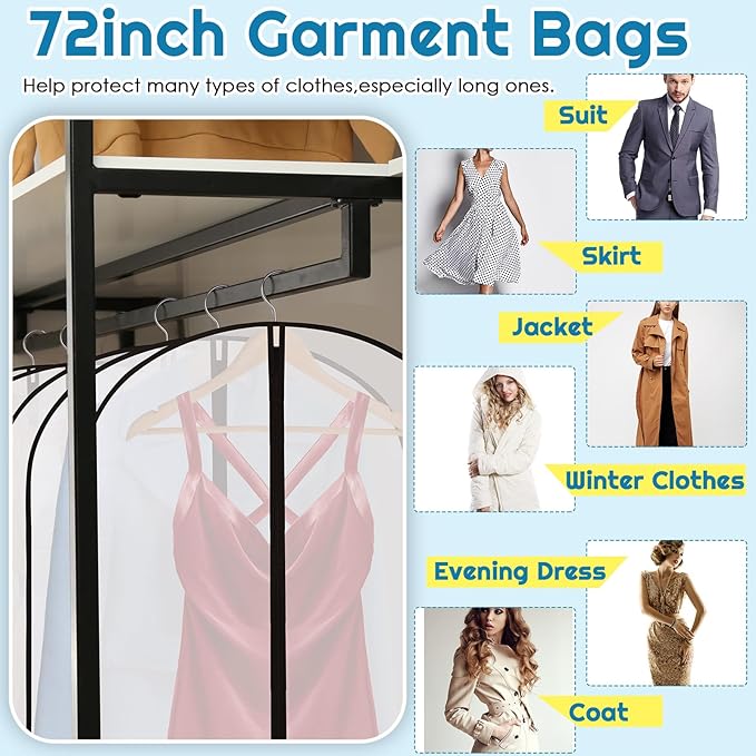 Amylove 20 Pcs 24 x 72 Inch Garment Bags Bulk Hanging Clothes Storage Covers for Closet Organization Dustproof Transparent Dress Suit Bag Set for Wedding Dresses Long Gowns Coats Seasonal Wardrobe
