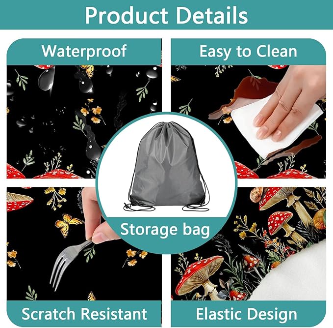 Mushroom Picnic Table Cover with Bench Covers, Camping Essentials, Waterproof Windproof Camping Tablecloth, Fitted Tablecloth Cover with Elastic Edge, for Indoor & Outdoor, Garden, 3 PCS, 30x60 Inch