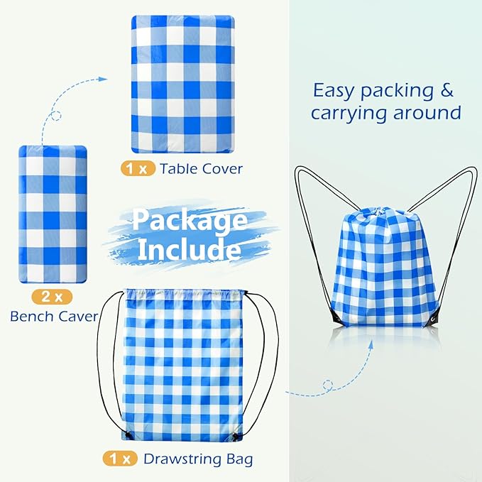 Picnic Table Cover with Bench Covers and Bag, Camping Table Camping Essentials Cover with Elastic Edges (Blue)