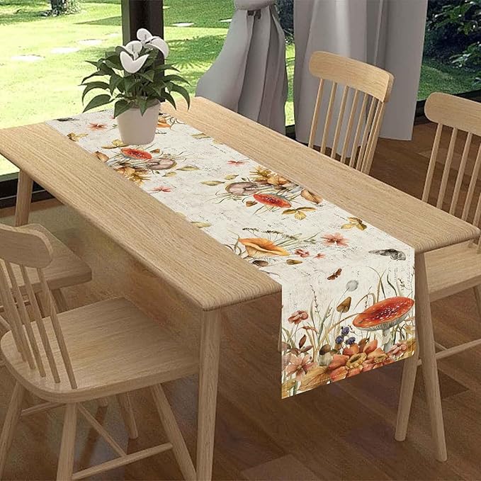 Mushroom Table Runner, Rustic Farmhouse Wildfloral Fall Autumn Leaves CountryCoffee Table Center Decor for Home Kitchen Dining Patio Holiday Party Indoor Outdoor Table Decorations, 13"x72" Inch