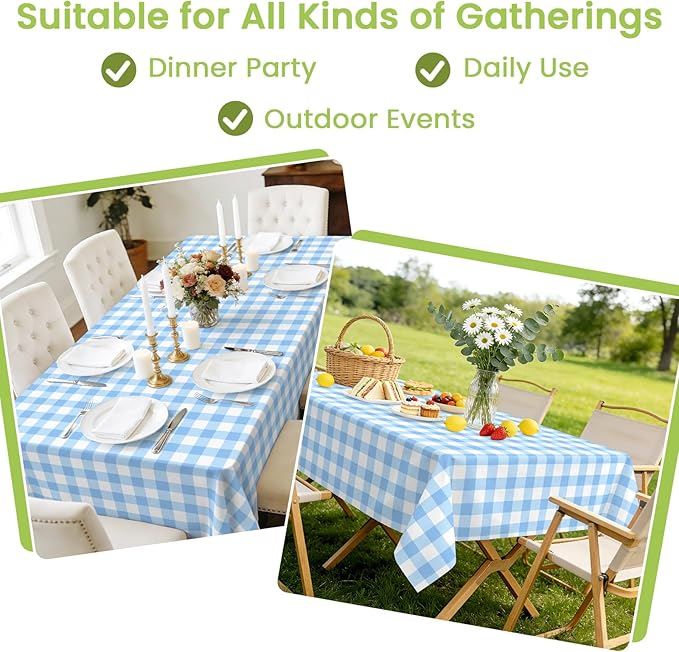 Mulbozy 4 Pcs Light Blue Checkered Tablecloth 54 ×108 Inches Rectangle Blue Gingham Tablecloth Disposable Plastic Waterproof Table Cover for Outdoor Picnic, Kitchen, Holiday Birthday Party