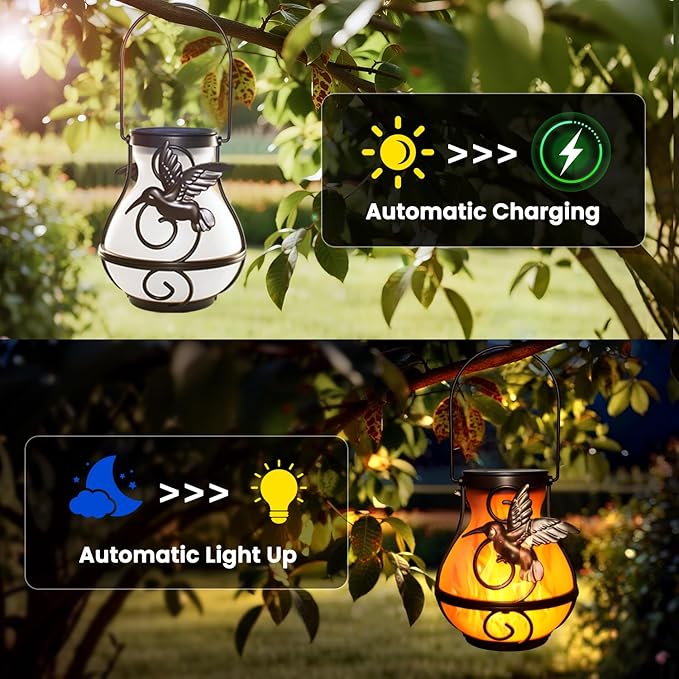 2 Pack Solar Lanterns for Outside Hanging,Solar Garden Lights Outdoor Waterproof with Flickering Flame,Led Lantern for Patio Yard Camping Halloween Decorations,Gardening Gifts for Mom
