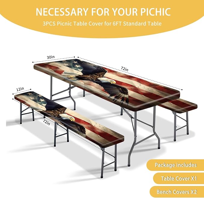 Park Picnic Table Cover with Bench Covers Lightweight Camping Essentials, Oil-Proof Waterproof 3PCS Tablecloth with Elastic, Fitted for Table 6FT Rectangle and Seats, American Flag Eagle (72x30in)