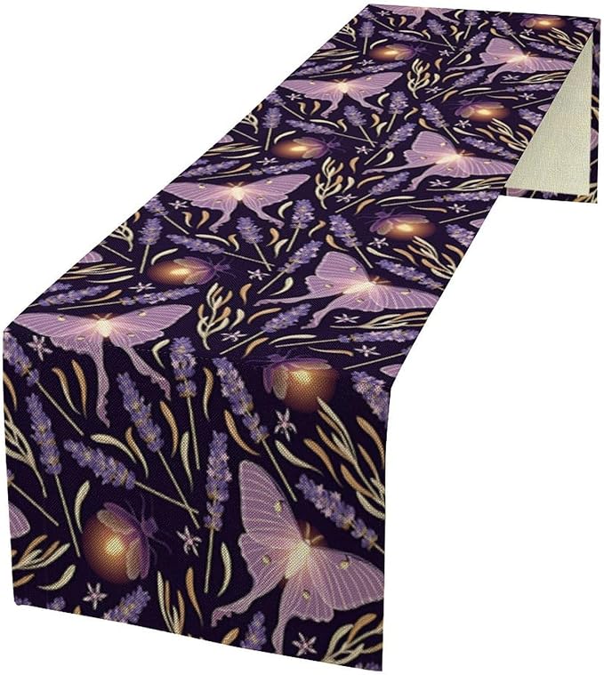 Purple Moth Table Runner,Retro Butterfly Flower Print Table Runner for Wedding Holiday Indoor Outdoor Party Home Decor 13x90in