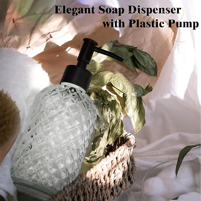 13.5Oz Gem Design Soap Dispenser with Plastic Pump, Refillable Glass Soap Dispenser for Hand Soap, Dish Soap, Lotion (Crystal Clear)