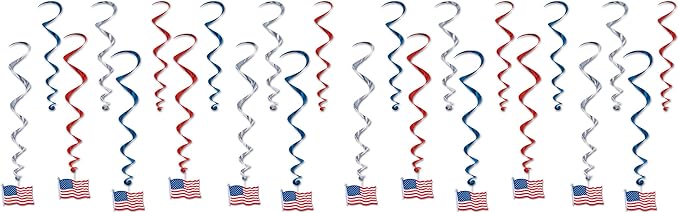 Beistle American Flag Whirls, Hanging Patriotic Stars and Stripes Decorations, Red, White & Blue Party Supplies for Fourth of July, Memorial Day