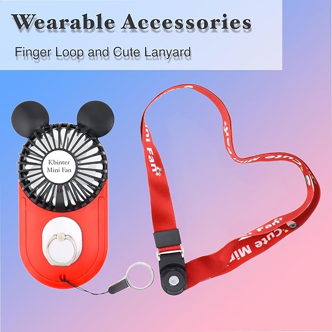 Cute Mouse Personal Mini Fan, Rechargeable Handheld USB Fan, 3 Adjustable Wind Speeds and Wearable Design, Portable Pocket Size for Indoor Or Outdoor Activities (Red)
