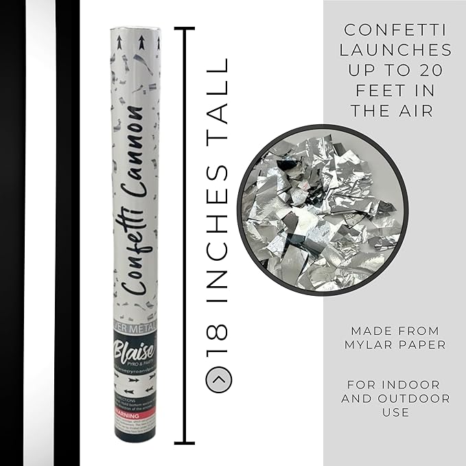 Blaise Pyro & Party Silver Confetti Poppers - Easy to Use Paper Confetti Poppers for Weddings, Birthdays, Anniversaries & More - Colorful Confetti Cannon for Memorable Photos - 6 Pack, 18 Inch