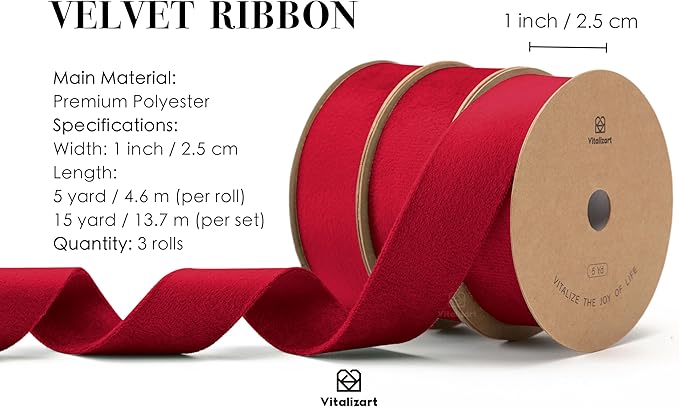 Vitalizart Red Velvet Ribbon Set 1 Inch Double Faced Burgundy Ribbon for Christmas Ornaments Gift Wrapping 15 Yards Wreath Decoration Bows Making Holiday Crafts
